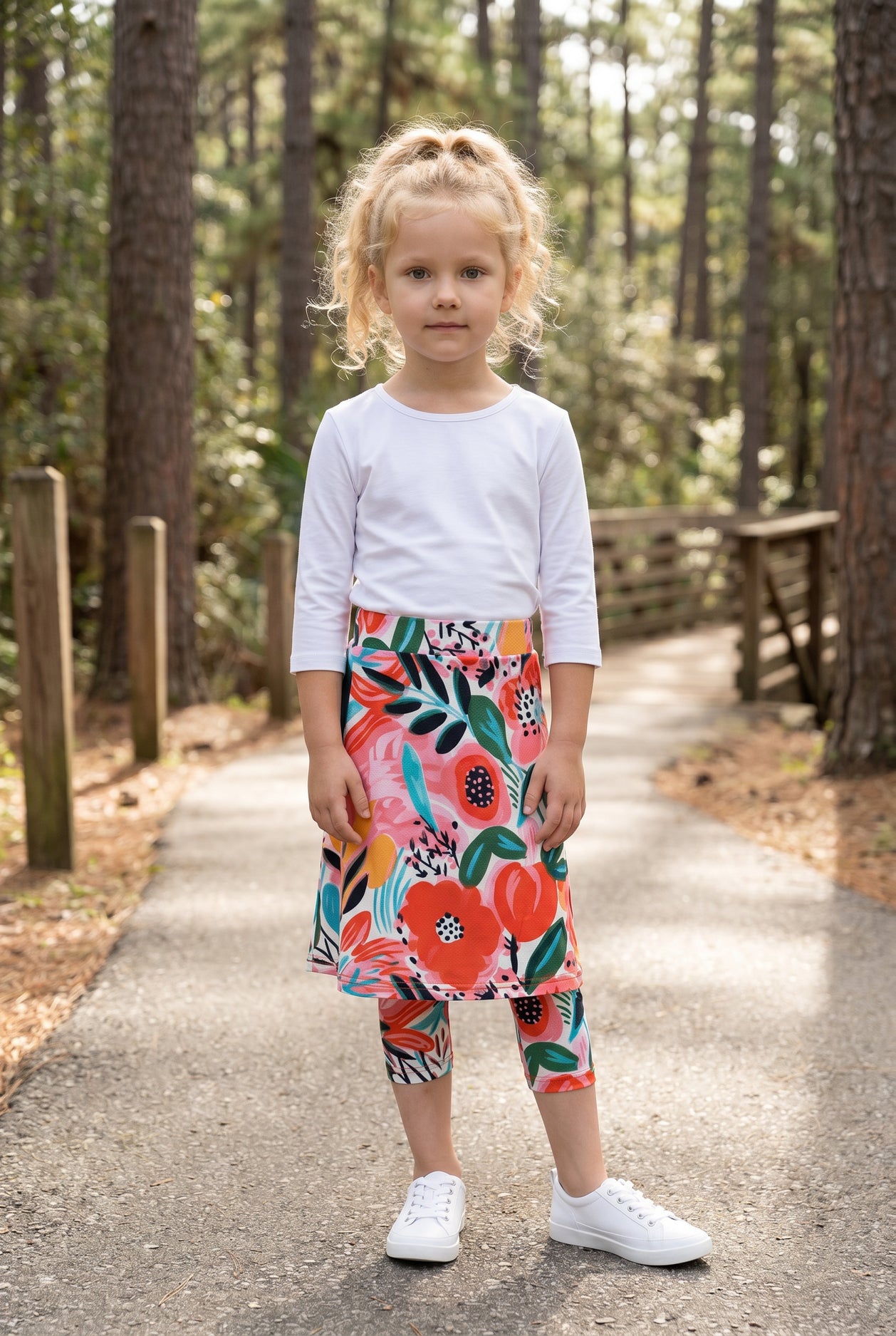 Model wearing Nuggles® Girls All-Sport Skirt in Summer Tropic