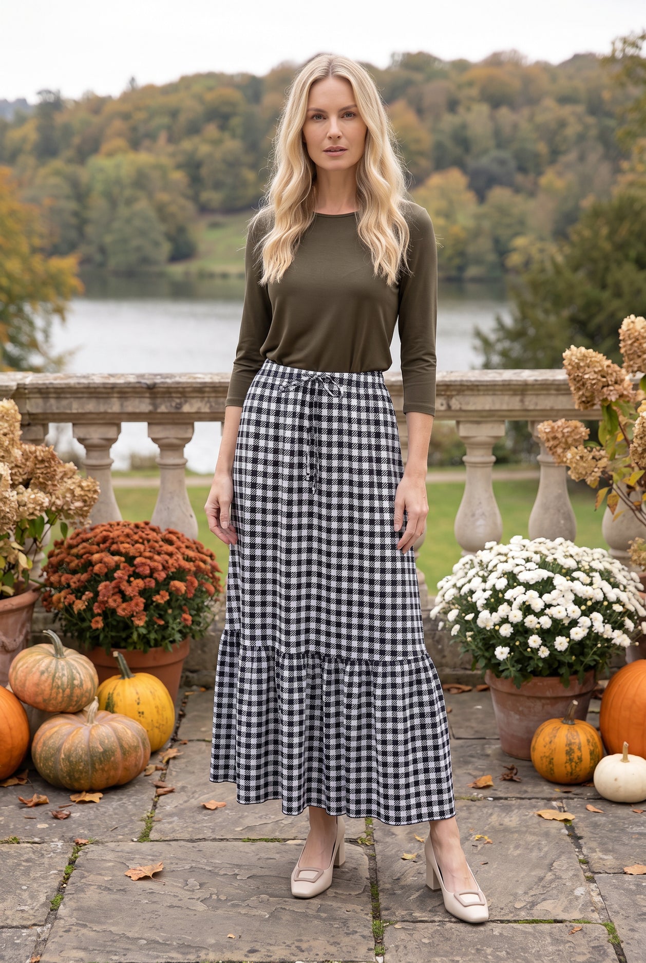 Model wearing Nuggles®  Sage Skirt in Sweet Gingham