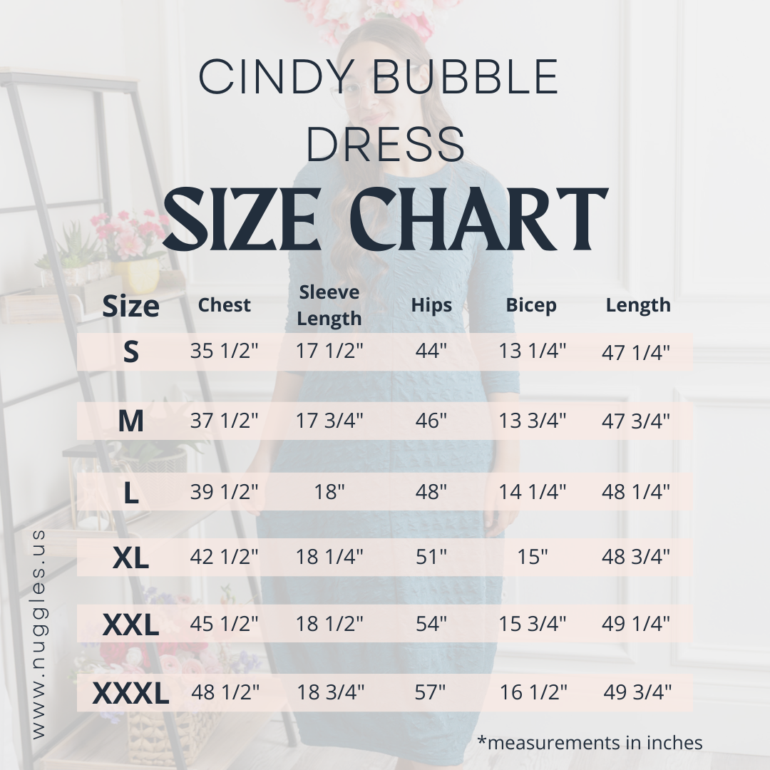Nuggles® Cindy Bubble Dress size chart with measurements for bust, waist, hips, and dress length.
