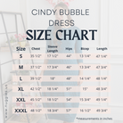 Nuggles® Cindy Bubble Dress size chart with measurements for bust, waist, hips, and dress length.