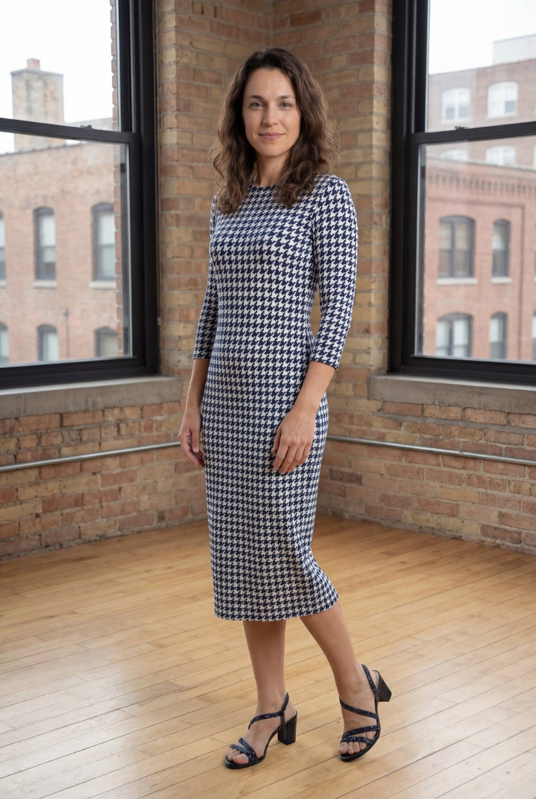 Model wearing Nuggles® Midi Layering Dress in Tailored Navy