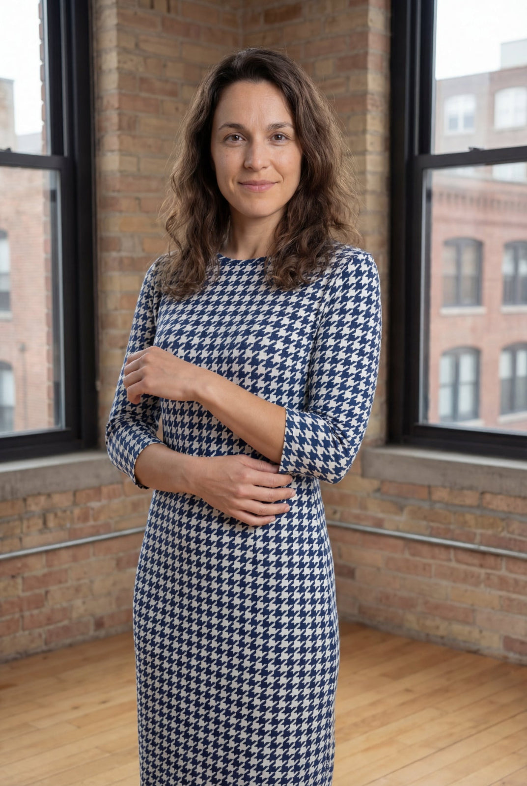 Model wearing Nuggles® Midi Layering Dress in Tailored Navy