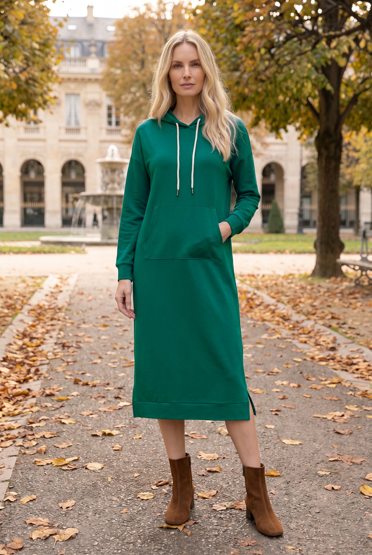 Model wearing Nuggles®   Hoodie Dress in Teal Green