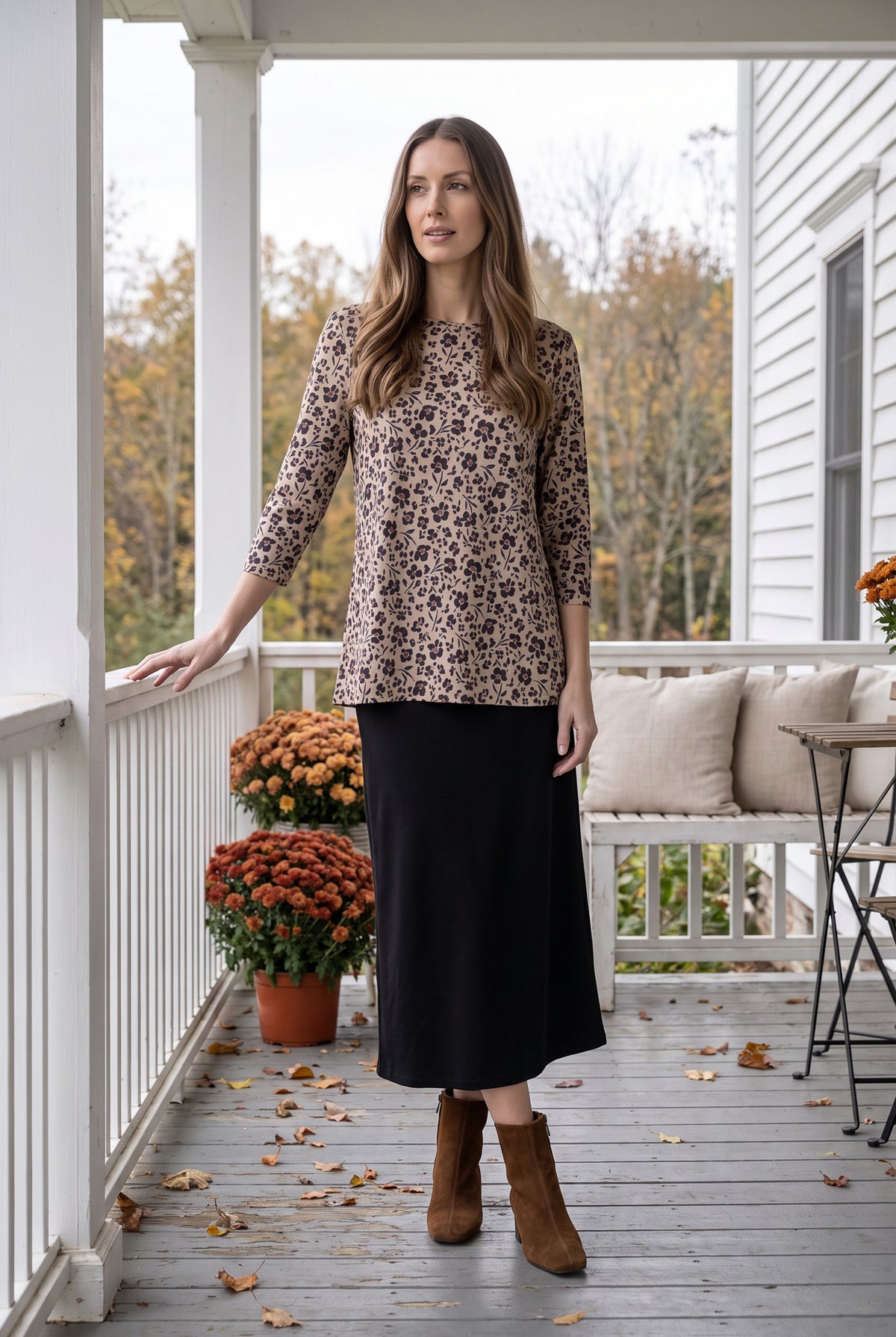 Model wearing Nuggles® Lexi Top in Tigerlily
