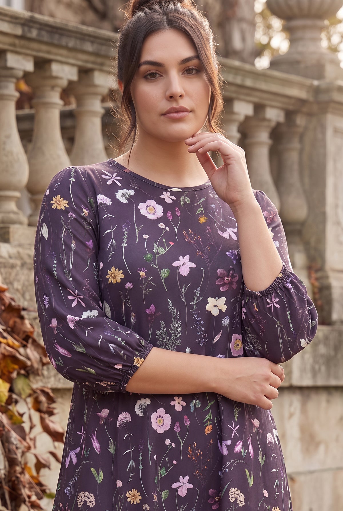 Nuggles® Patricia Dress in Twilight Garden, upper-body portrait, wildflower print on deep plum