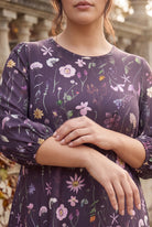 Nuggles® Patricia Dress in Twilight Garden, close-up of the bodice print and elasticized 3/4 sleeve cuff