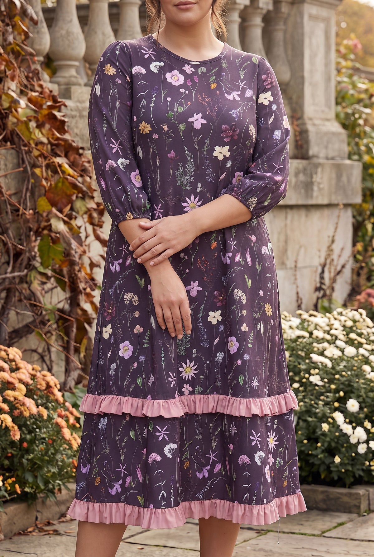 Nuggles® Patricia Dress in Twilight Garden, front view from shoulders to hem with the pink ruffle tiers