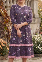 Nuggles® Patricia Dress in Twilight Garden, front view from shoulders to hem with the pink ruffle tiers