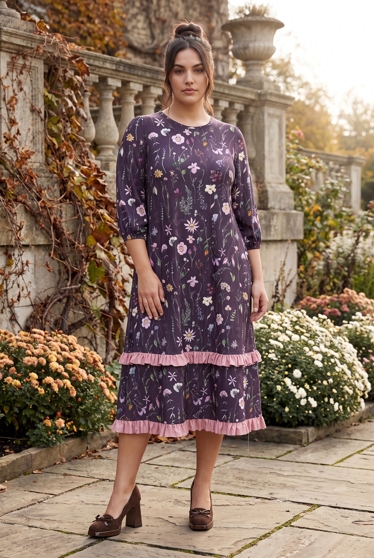 Nuggles® Patricia Dress in Twilight Garden, full length on a garden terrace, plum wildflower print
