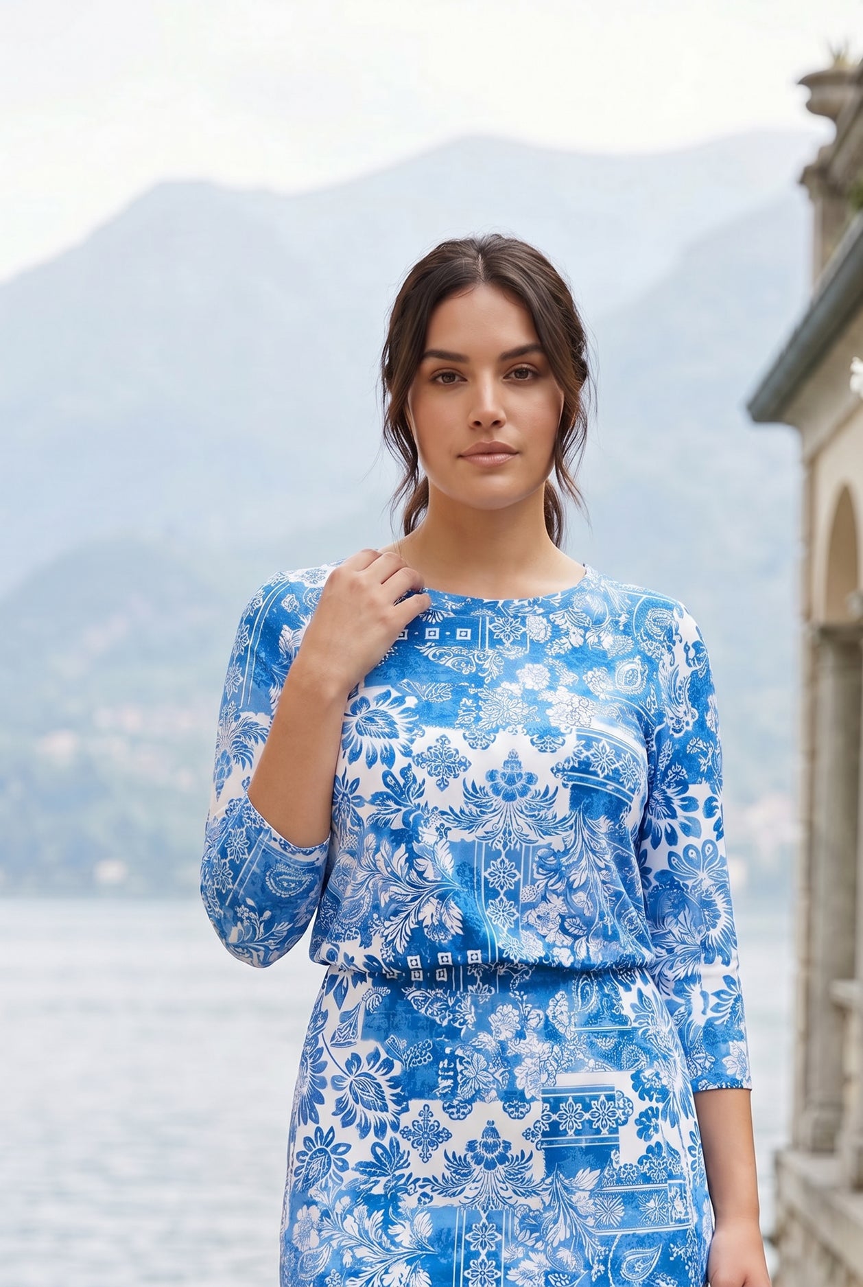 Vintage Blue Harper Jane dress by Nuggles, modest blue floral midi with relaxed 3/4 sleeves