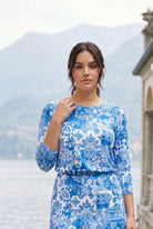 Vintage Blue Harper Jane dress by Nuggles, modest blue floral midi with relaxed 3/4 sleeves