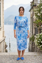Nuggles Harper Jane modest midi dress in Vintage Blue, blue damask floral on a cream ground