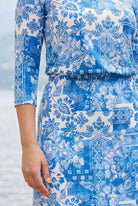 Modest plus-size Harper Jane midi dress in Vintage Blue damask floral by Nuggles