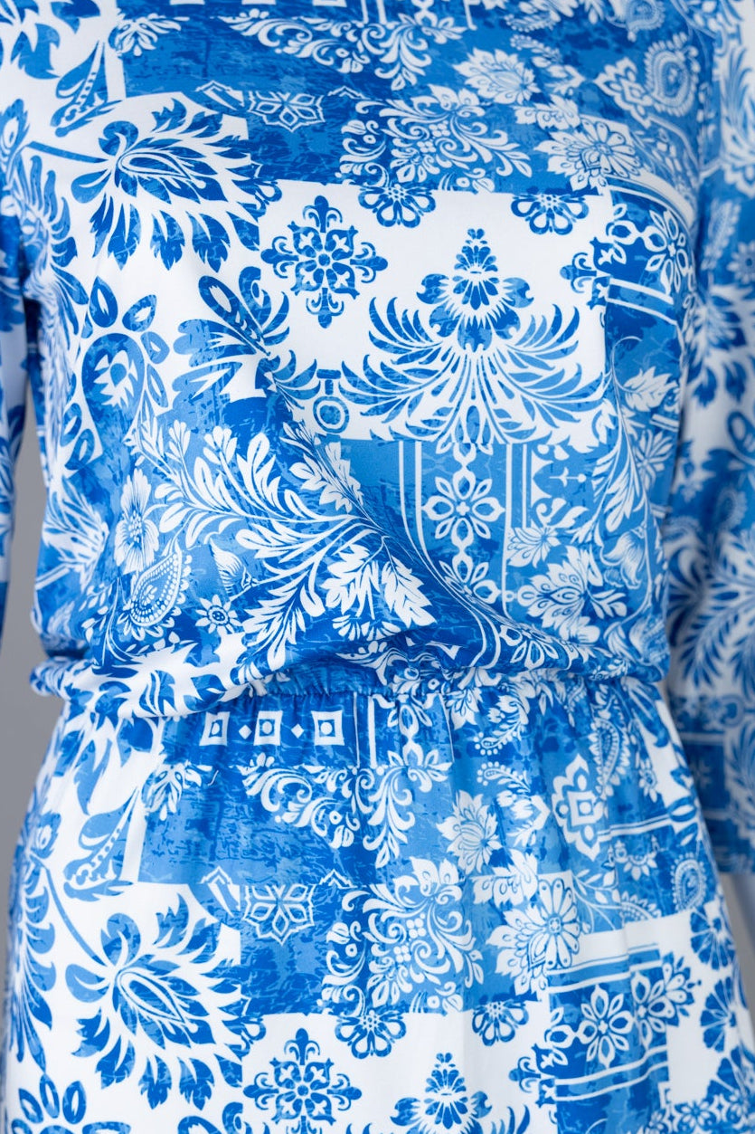 Harper Jane Vintage Blue dress, modest blue damask floral midi with comfortable stretch