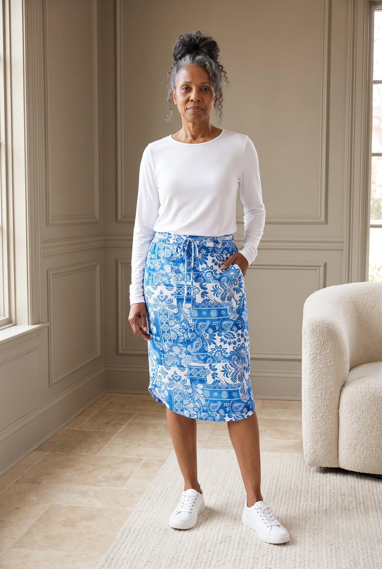 Model wearing Nuggles®  27" Drawstring Skirt in Vintage Blue