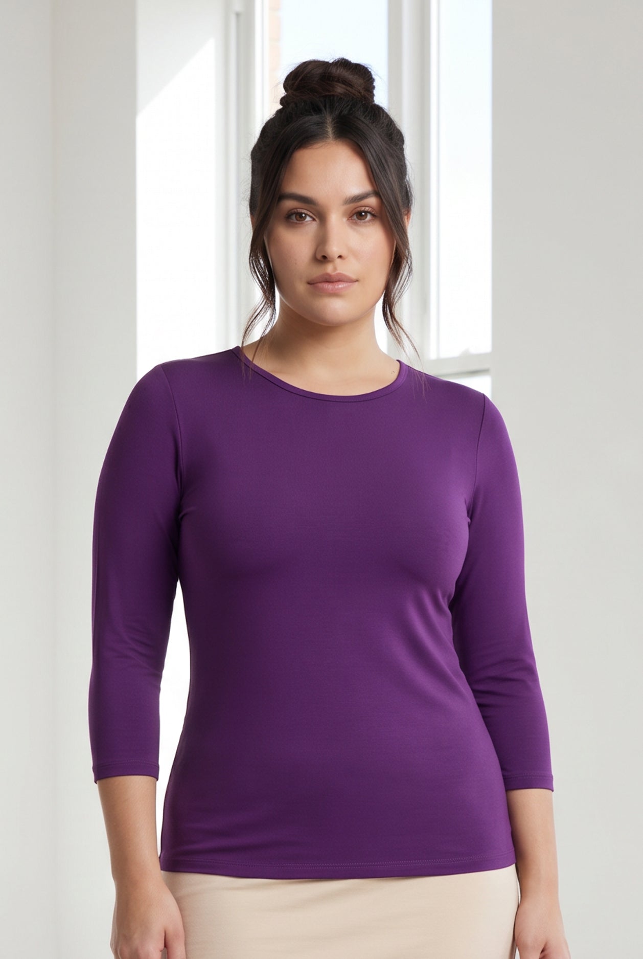 Model wearing Nuggles® 3/4 Essential Tee in  Violet