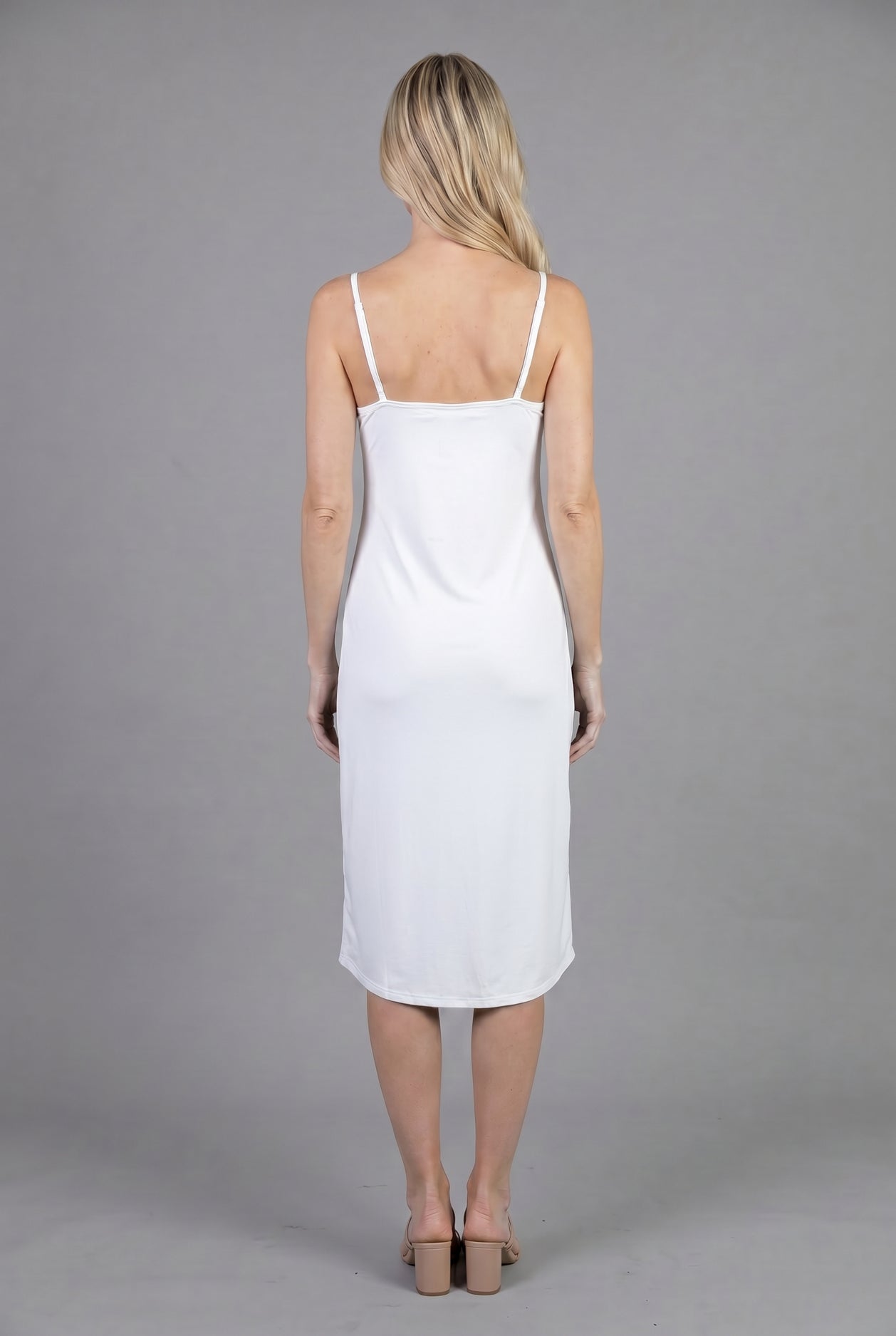 White Layering Camisole Dress by Nuggles, modest sleeveless cotton slip midi worn under dresses and tops