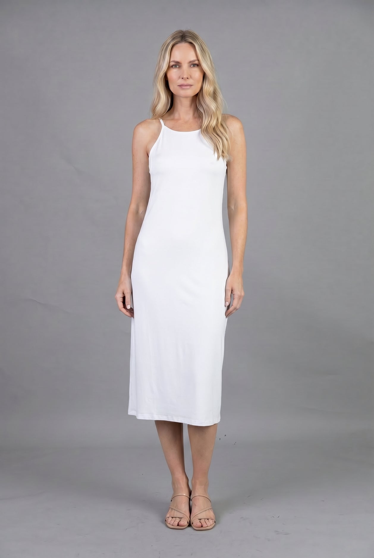Nuggles Layering Camisole Dress in White, sleeveless midi slip dress for modest layering coverage