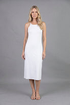 Nuggles Layering Camisole Dress in White, sleeveless midi slip dress for modest layering coverage