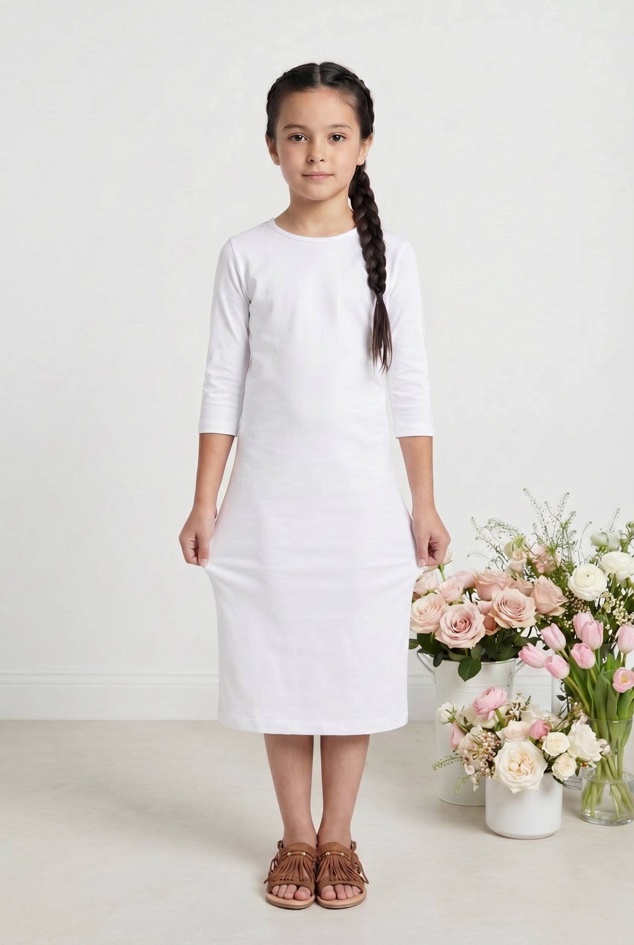 Model wearing Nuggles® Girls Midi Layering Dress in White