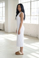Model wearing Nuggles® Tank Midi Dress in White