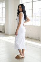 Model wearing Nuggles® Tank Midi Dress in White