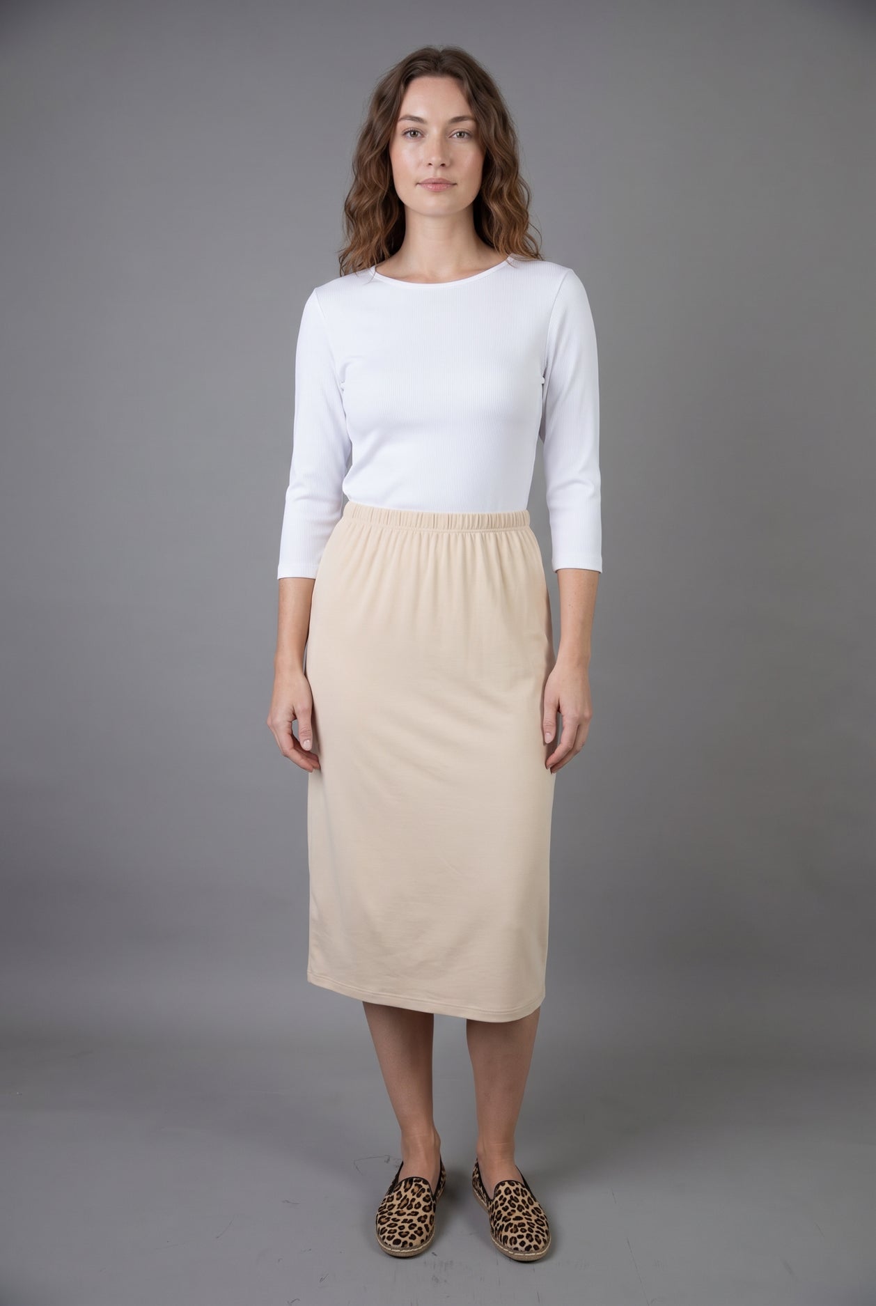 Model wearing Nuggles® 3/4 Essential Ribbed Tee in White