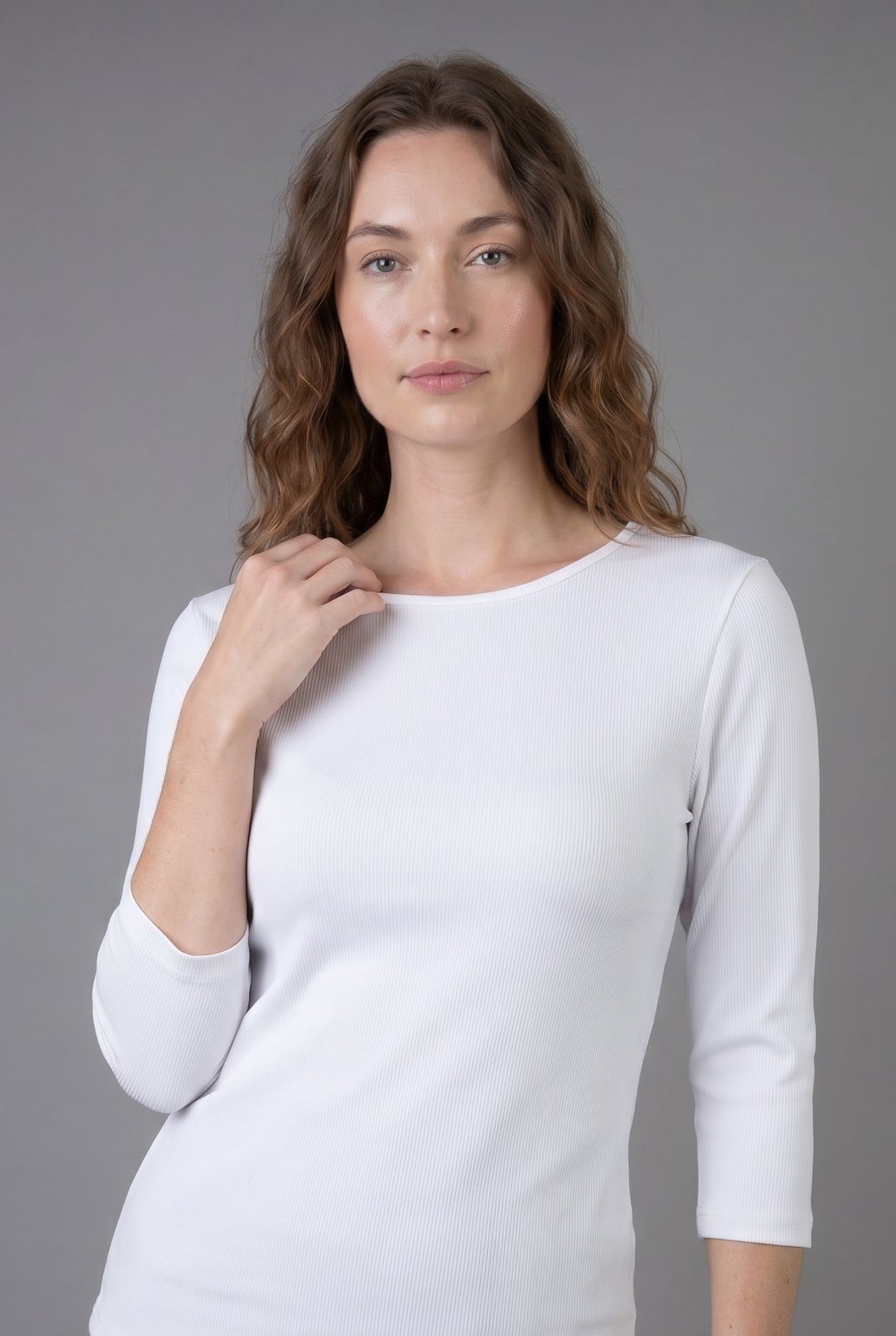 Model wearing Nuggles® 3/4 Essential Ribbed Tee in White
