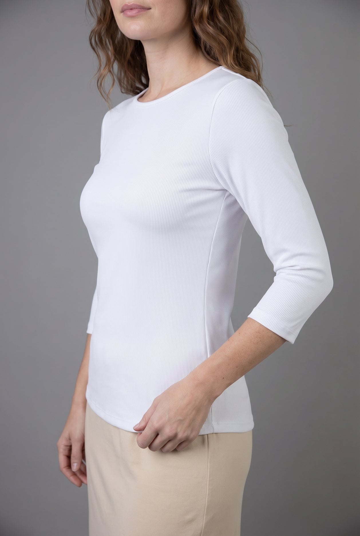 Model wearing Nuggles® 3/4 Essential Ribbed Tee in White