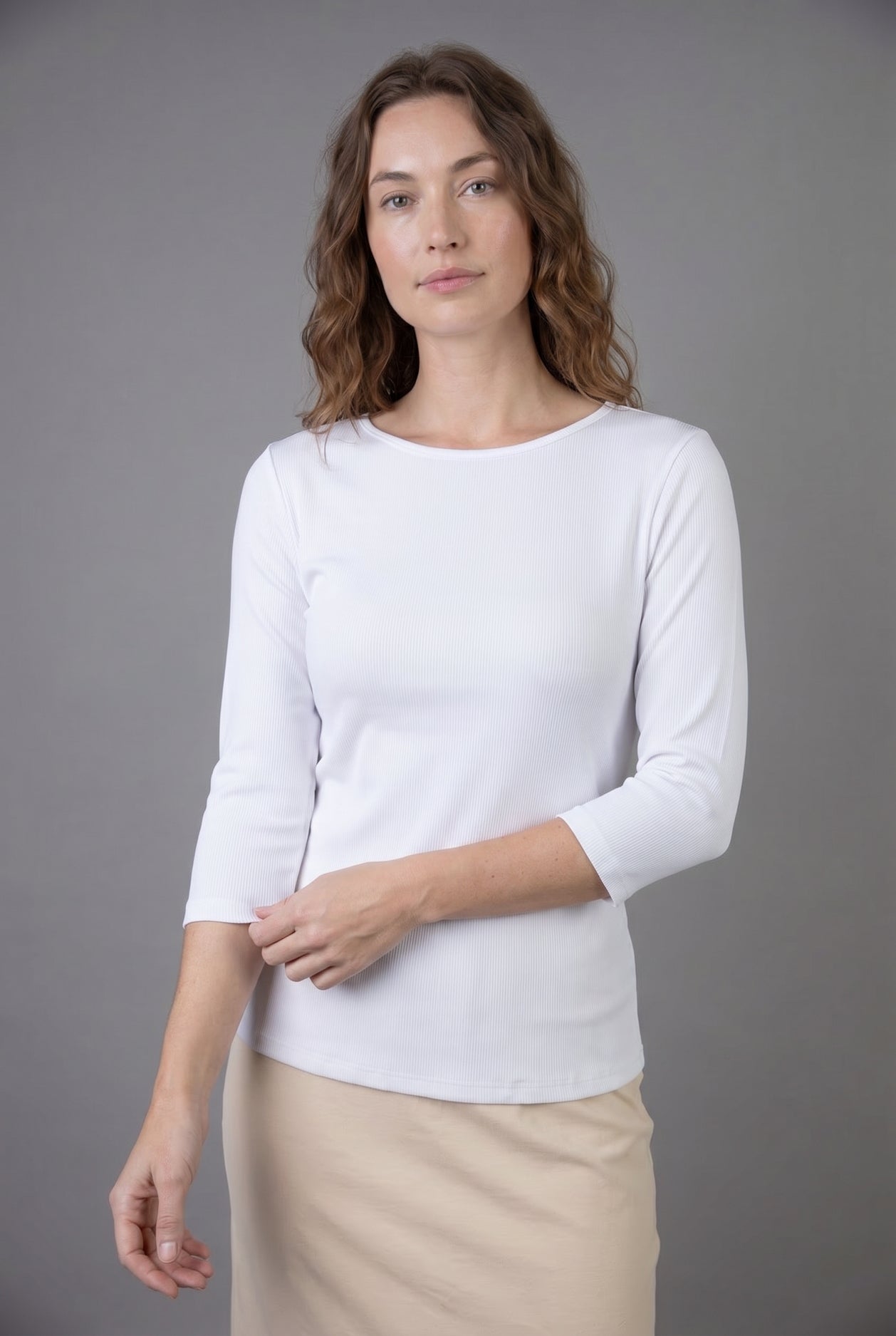 Model wearing Nuggles® 3/4 Essential Ribbed Tee in White