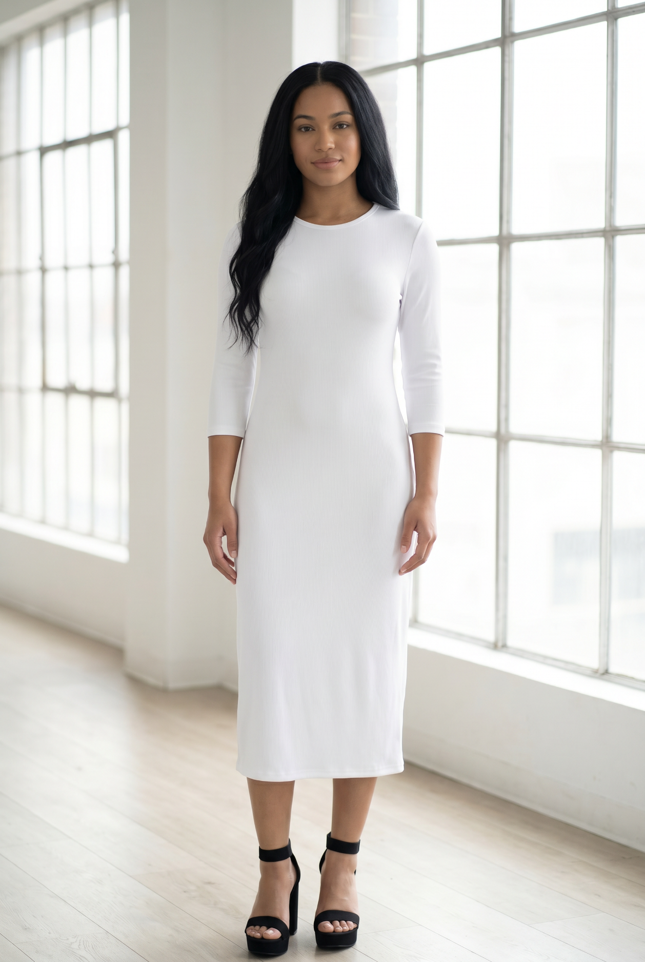 White Ribbed Midi Dress | Modest Layering Base Dress for Women