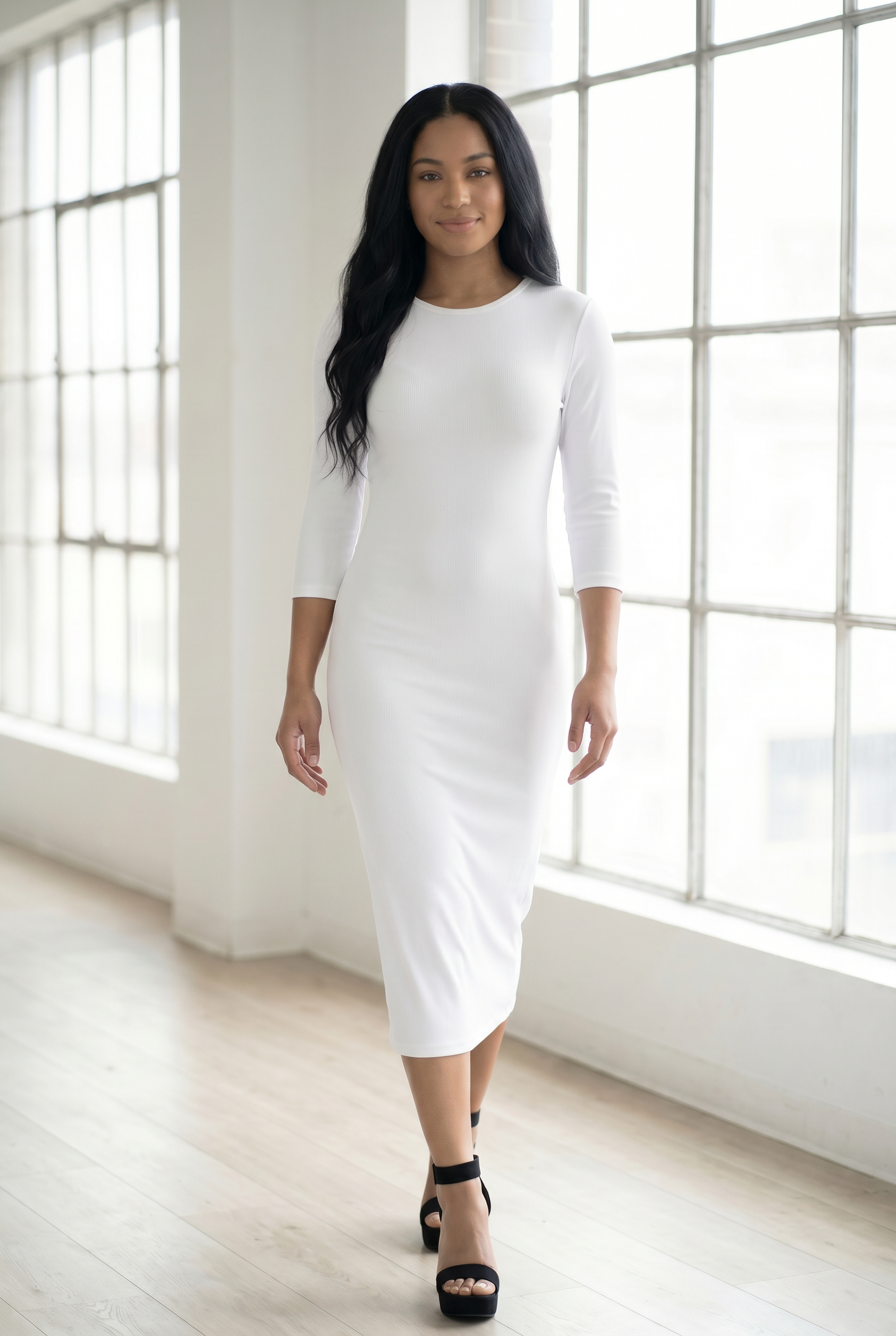 Model wearing Nuggles®  Ribbed Layering Dress in White
