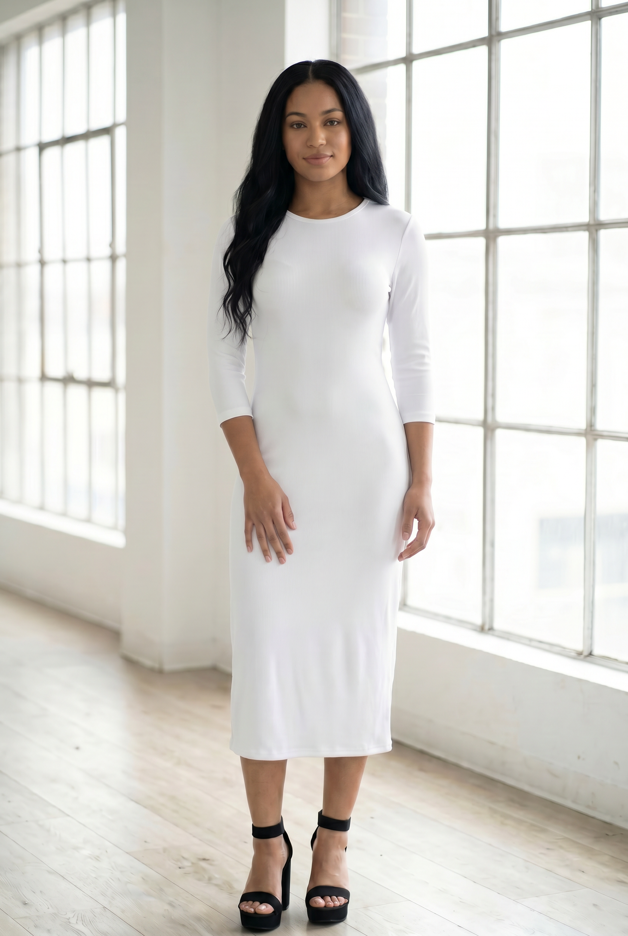 Model wearing Nuggles®  Ribbed Layering Dress in White