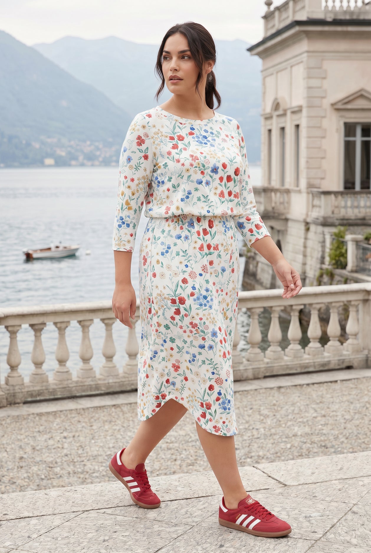 Wildflower Meadow Harper Jane dress by Nuggles, modest floral midi with relaxed 3/4 sleeves