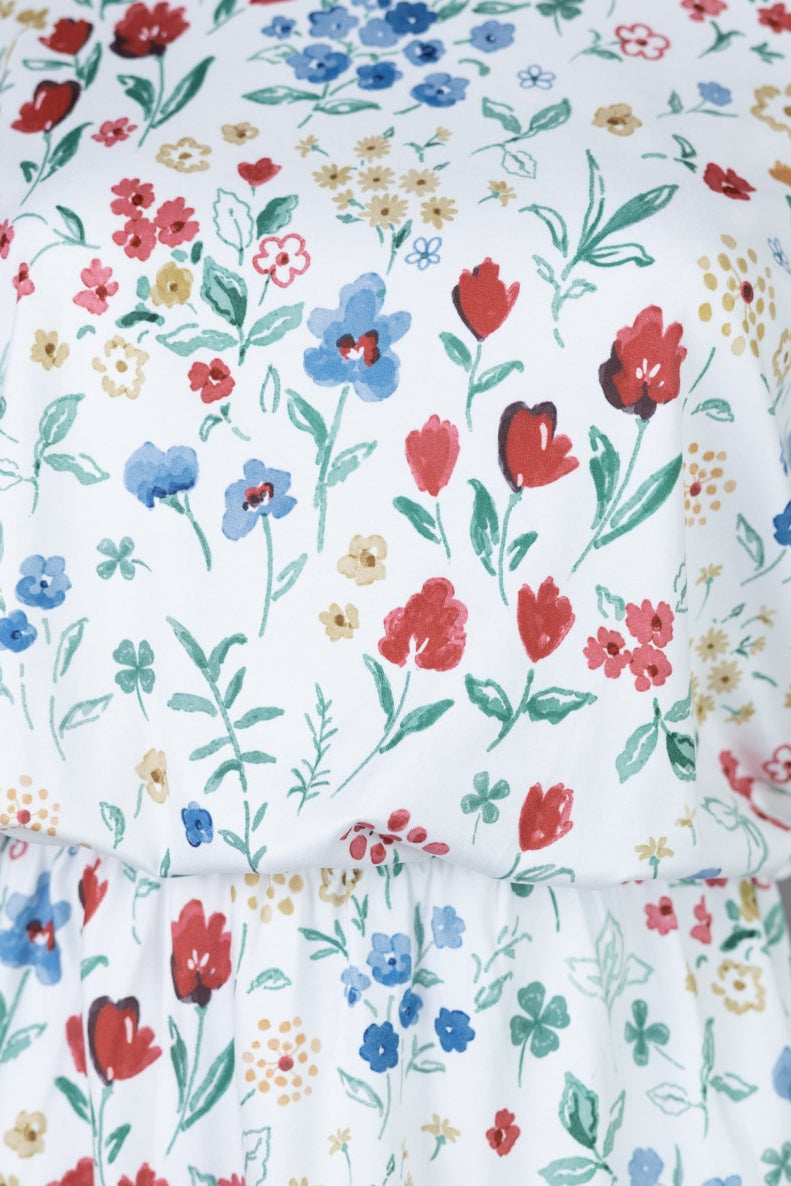 Harper Jane Wildflower Meadow dress, modest ivory floral midi with comfortable stretch by Nuggles