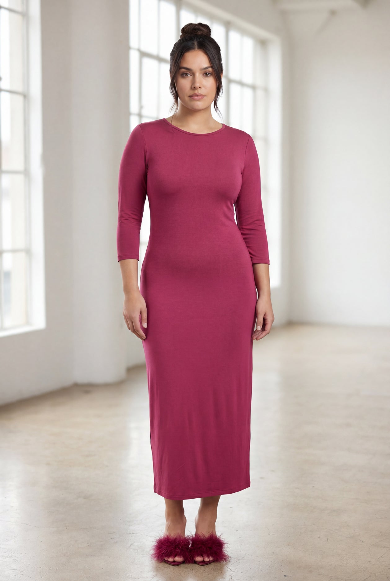 Model wearing Nuggles® Midi Layering Dress in Wine