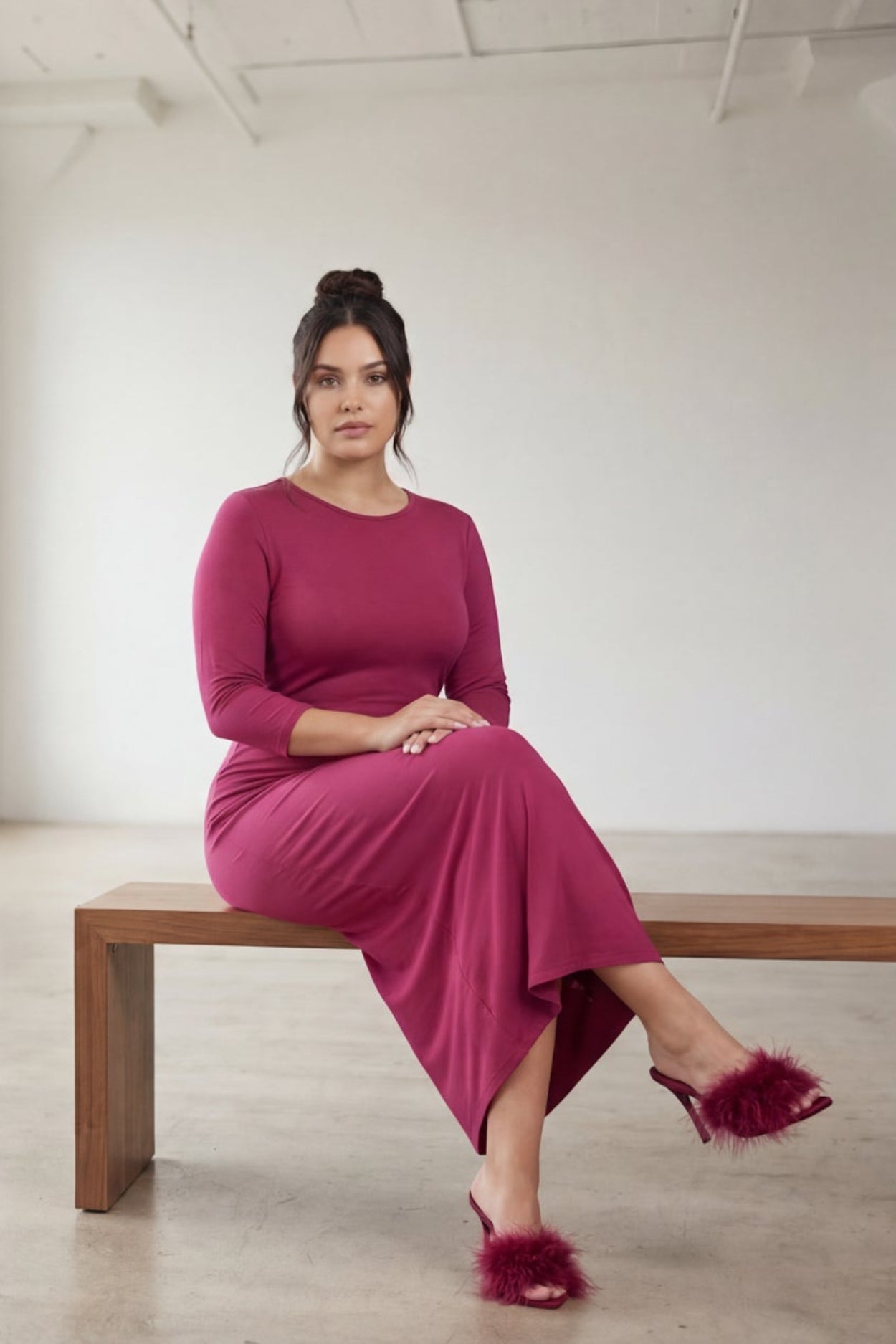 Model wearing Nuggles® Midi Layering Dress in Wine
