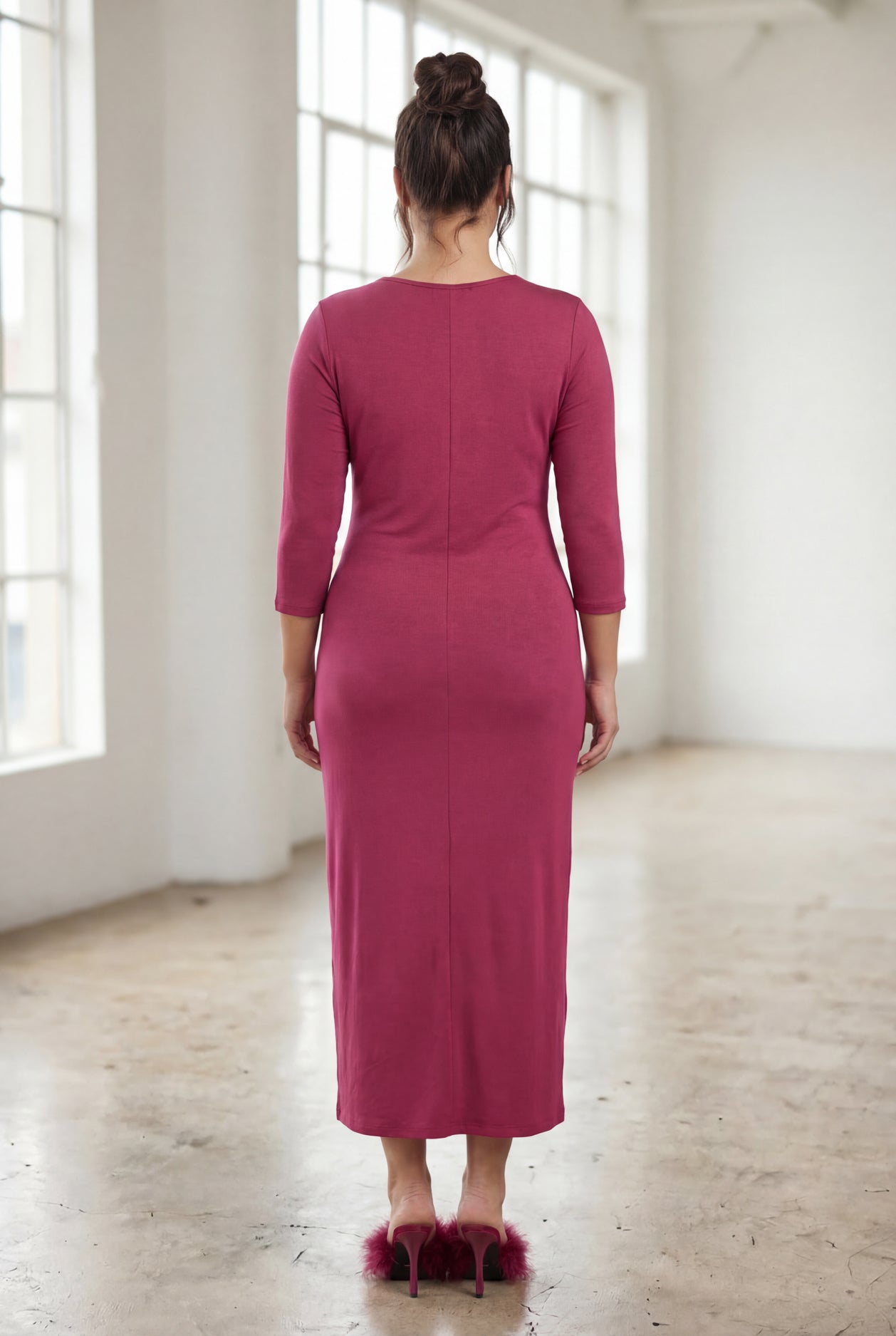 Model wearing Nuggles® Midi Layering Dress in Wine