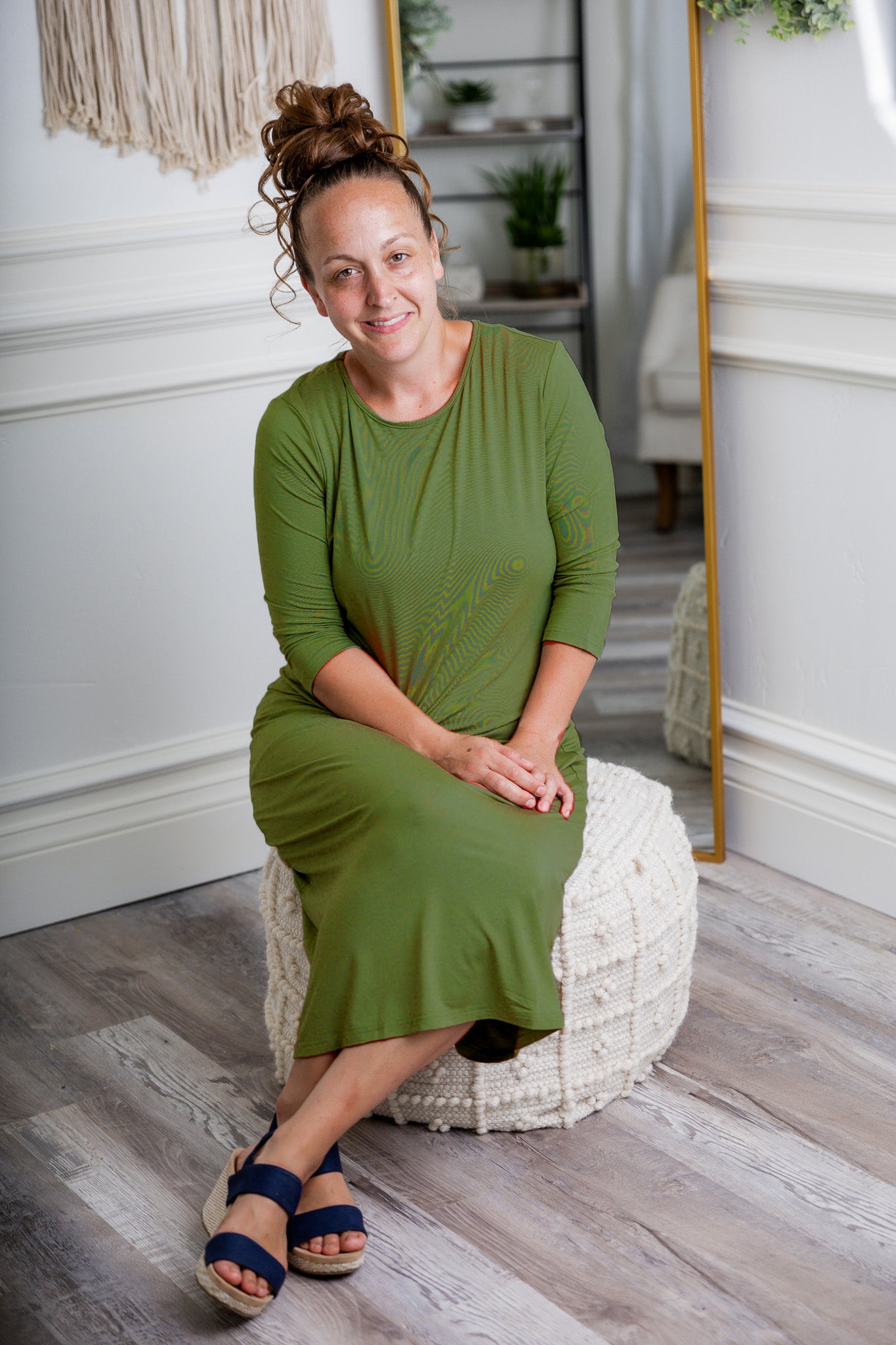 Model wearing  Nuggles® Original Style Midi Layering Dress in soft cotton knit