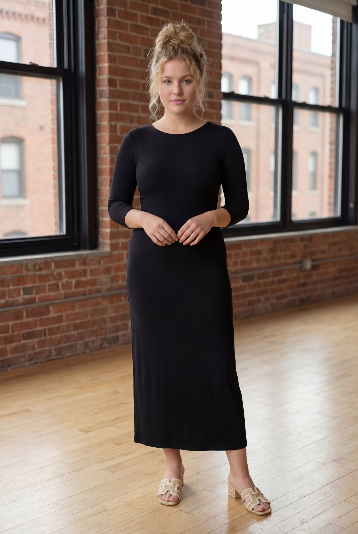 Model wearing Nuggles® Tea Layering Dress in Black
