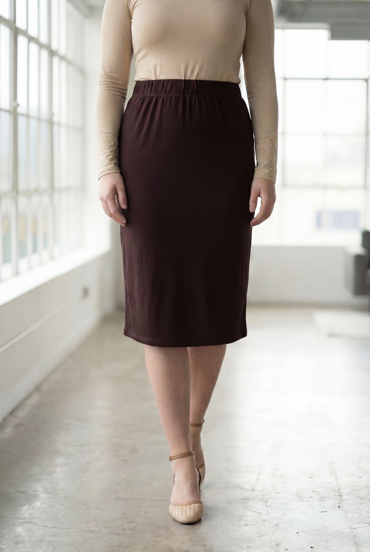 27" Lightweight Lined Pencil Skirt in Brown nuggles-clothing