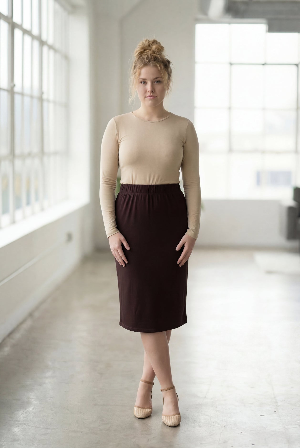 27" Lightweight Lined Pencil Skirt in Brown nuggles-clothing