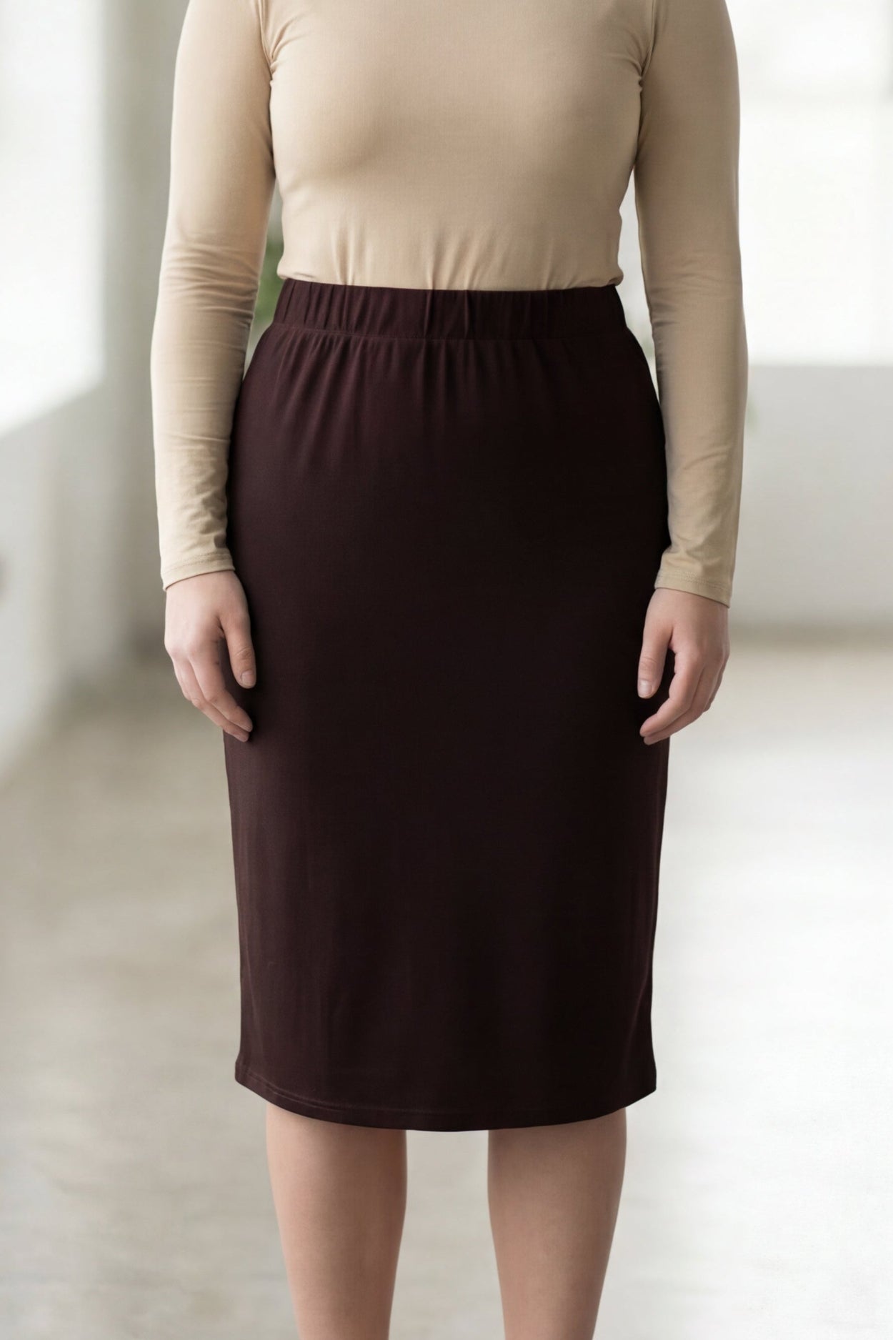 27" Lightweight Lined Pencil Skirt in Brown nuggles-clothing