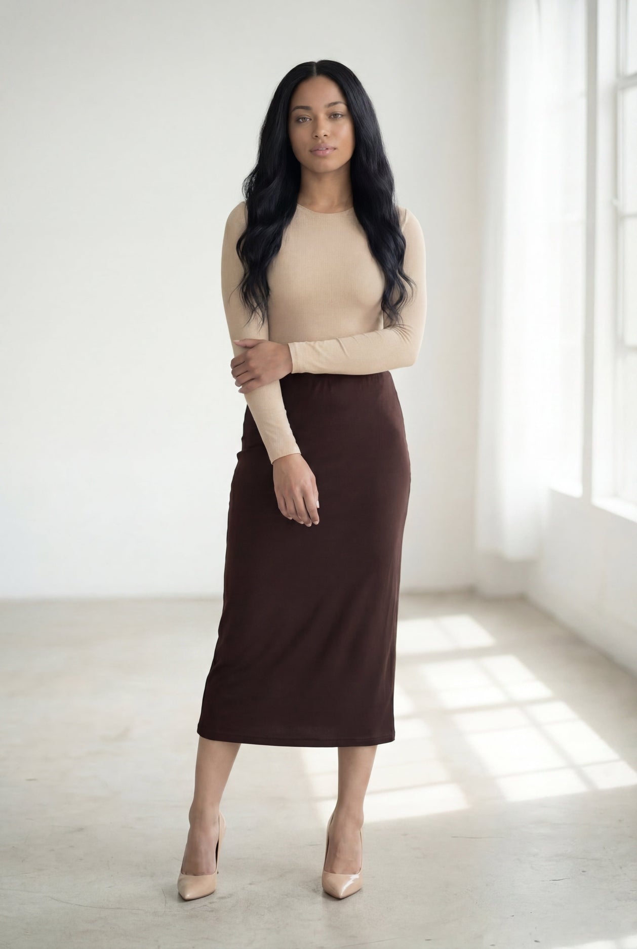 31" Lightweight Lined Pencil Skirt in Brown nuggles-clothing