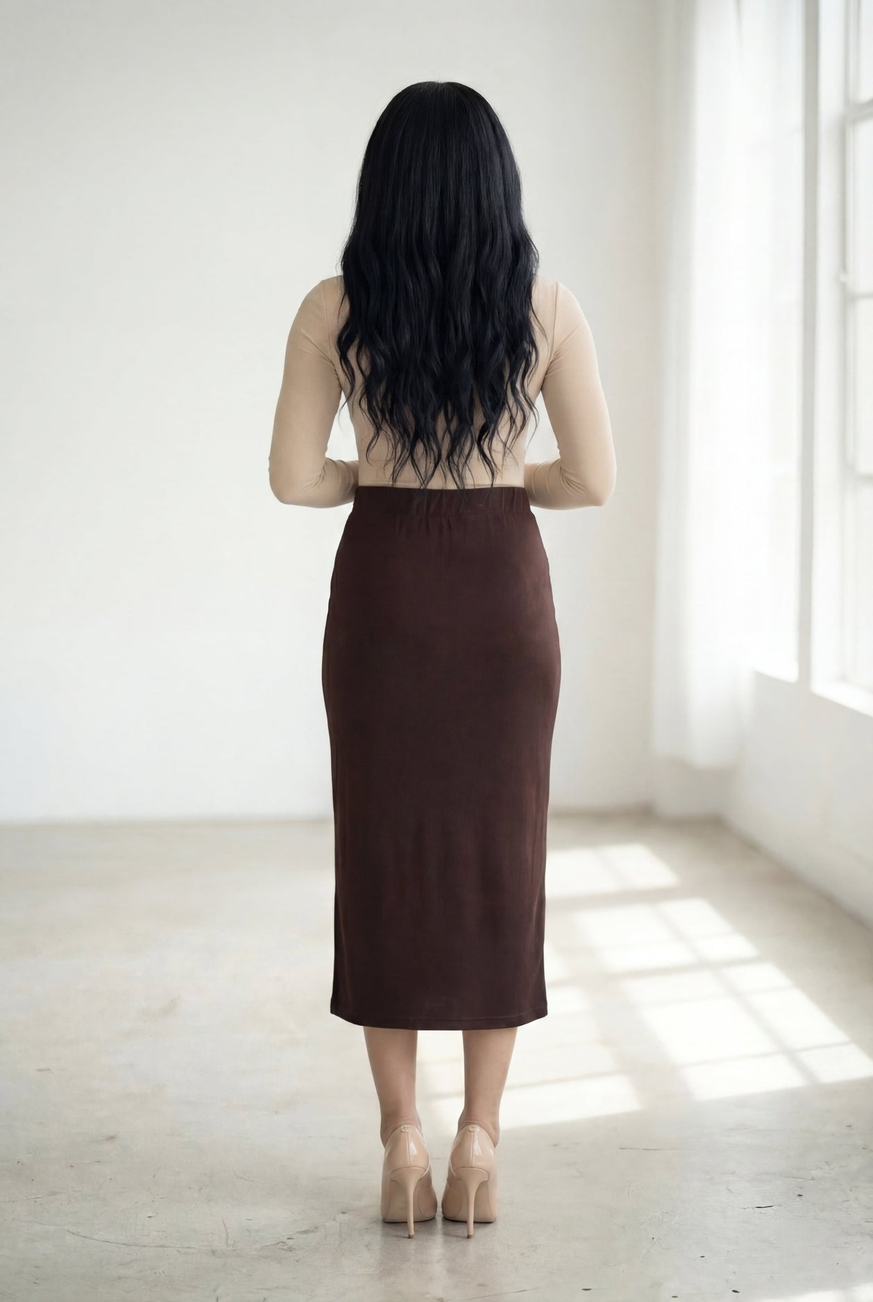 31" Lightweight Lined Pencil Skirt in Brown nuggles-clothing