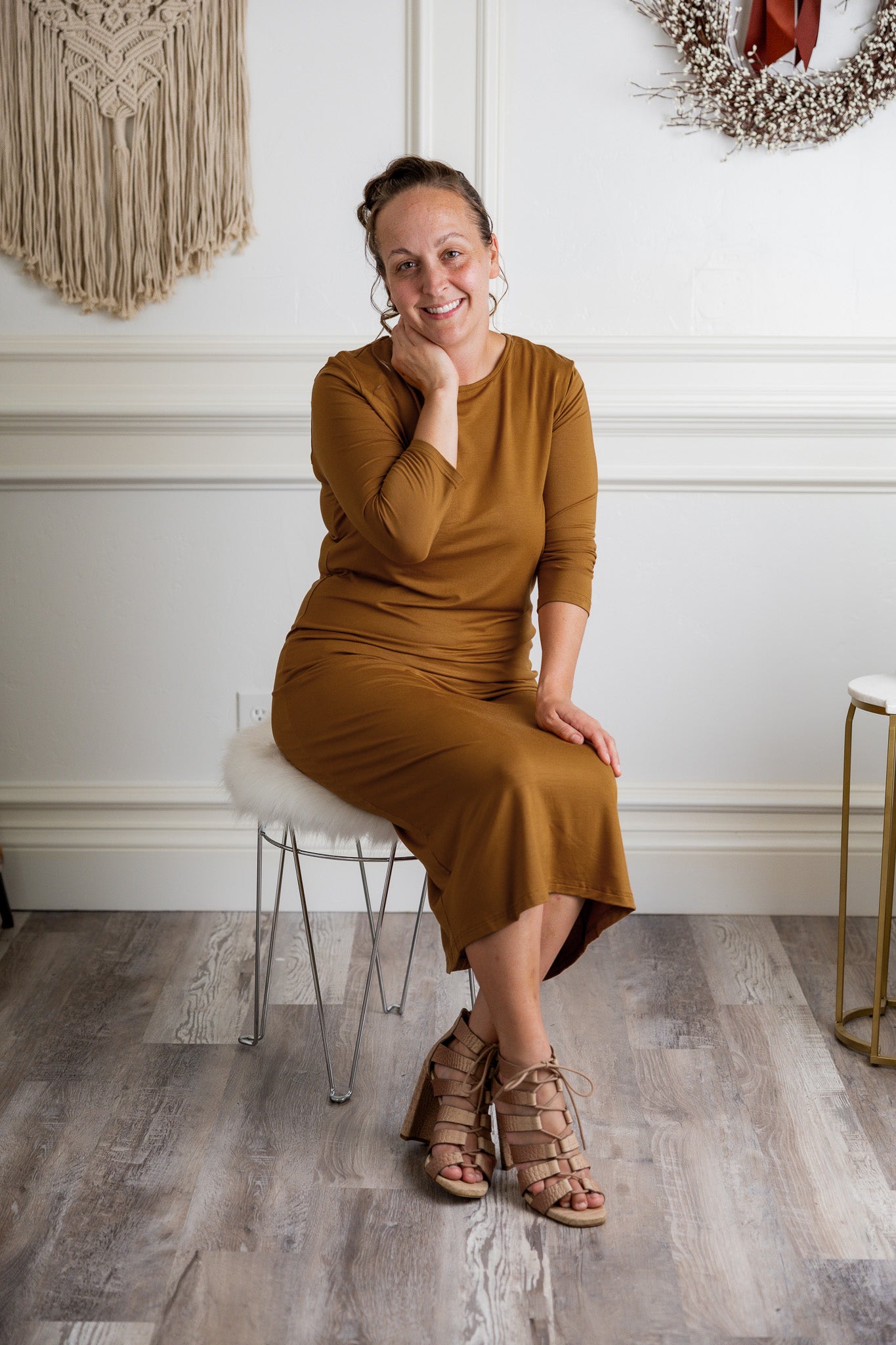 Model wearing  Nuggles® Original Style Midi Layering Dress in soft cotton knit