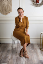 Model wearing  Nuggles® Original Style Midi Layering Dress in soft cotton knit