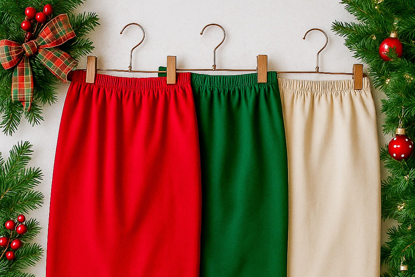 Three fabric swatches in red, green, and beige hanging on a line with Christmas decorations around.