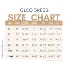 Nuggles® Cleo Maxi Dress size chart — chest, elastic waist, hips, sleeve length, bicep and length measurements in inches for sizes S through 3XL