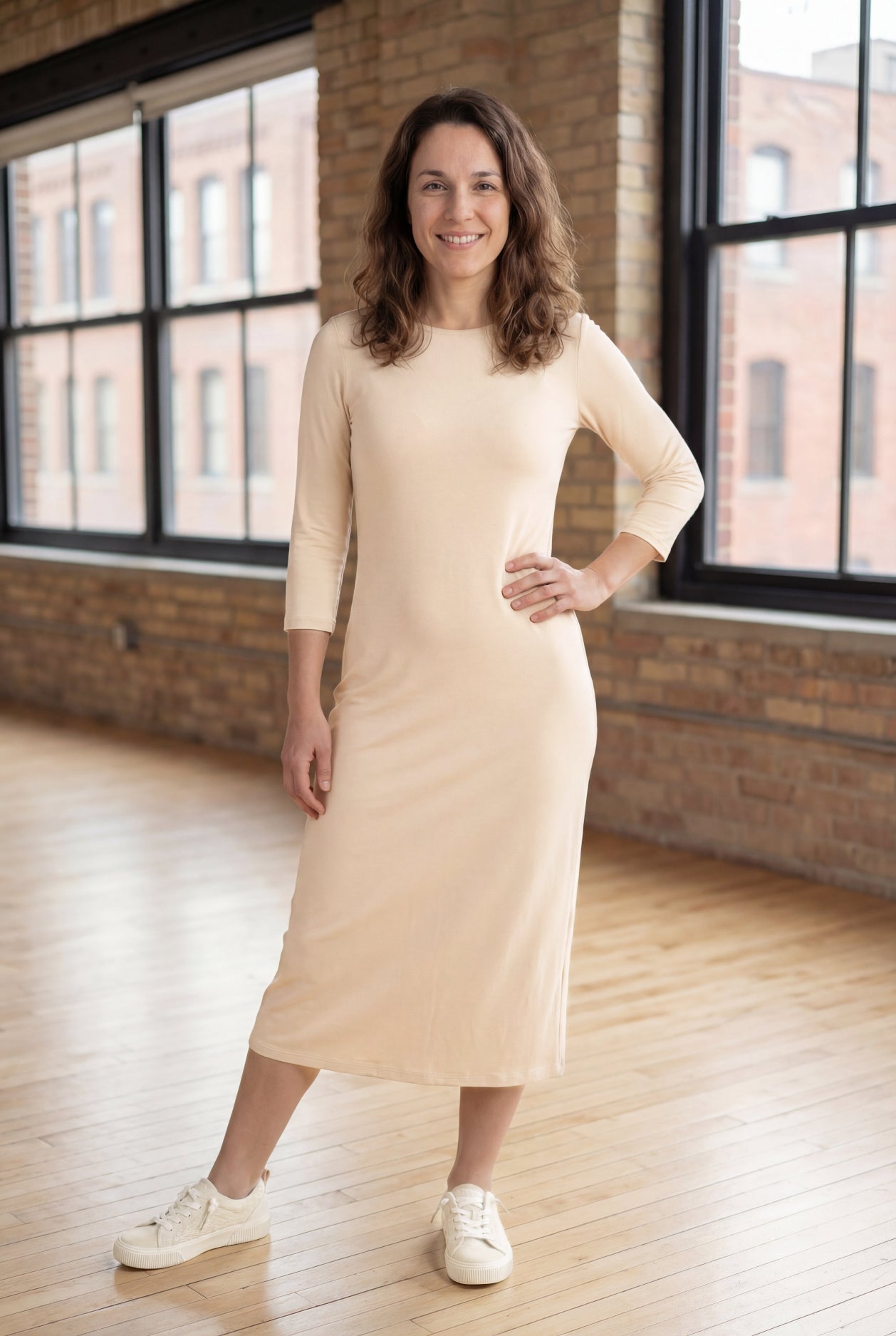 Model wearing Nuggles® Midi Layering Dress in Cream